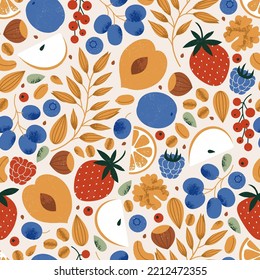 Granola seamless pattern. Oats with fruits and berries. Tasty cereal ingredients. Vector illustration.