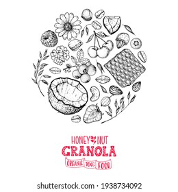 Granola sketch illustration. Breakfast label. Oat flakes , berries, fruits and nuts. Breakfast top view. Morning food menu design. Hand drawn sketch vector illustration.