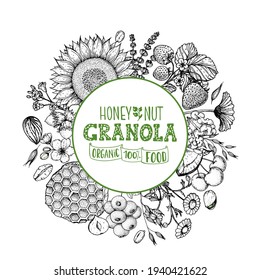 Granola sketch illustration. Breakfast label. Oat flakes , berries, fruits and nuts. Breakfast top view frame. Morning food menu design. Hand drawn sketch vector illustration.