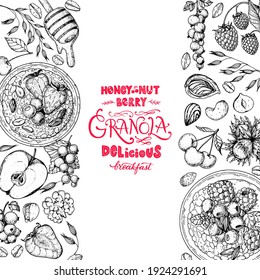 Granola sketch illustration. Oat flakes , berries, fruits and nuts. Breakfast top view frame. Morning food menu design. Hand drawn vector illustration.