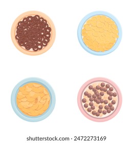 Granola snack icons set cartoon vector. Bowl of breakfast cereal and cornflake. Food concept