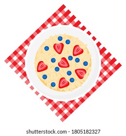 Granola, strawberries, blueberries in bowl on a red checkered napkin. Muesli fruits healthy natural breakfast. Healthy food, oat flakes, vector cartoon illustration.