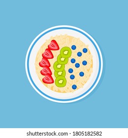 Granola, strawberries, blueberries, kiwi in bowl on blue background Muesli fruits healthy natural breakfast. Healthy food, oat flakes, vector cartoon illustration.