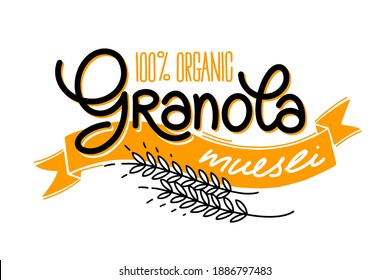 Granola vector logo. illustration healthy concept logotype. Organic muesli. Lettering, ribbon, decorative spikelets with grains. Oatmeal porridge.