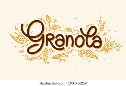 Granola vector logo. Muesli. Handmade calligraphy. Lettering, leaves with decorative elements. illustration healthy concept logotype. oatmeal porridge