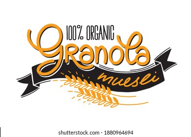 Granola vector logo. Organic muesli. Lettering, ribbon, decorative spikelets with grains. ssillustration healthy concept logotype. oatmeal porridge.