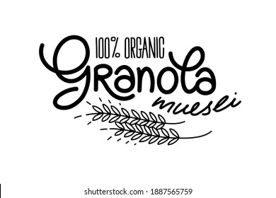 Granola vector logo. Organic muesli. illustration healthy concept logotype. Lettering, spikelets with grains. Black and white logo for brand, packages