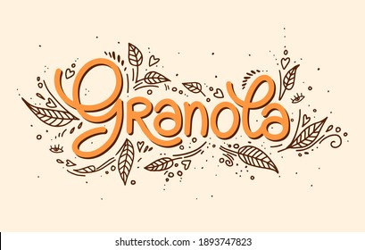 Granola vector logo. Organic muesli. Lettering, leaves with decorative elements. illustration healthy concept logotype. oatmeal. Handmade calligraphy.