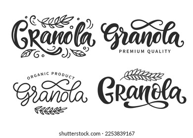 Granola vector logo set. Muesli modern calligraphy element. Homemade Oatmeal porridge. Packaging design emblem with decorative sign. Healthy eating badge label. Retro vintage style banner. 