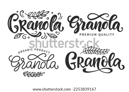 Granola vector logo set. Muesli modern calligraphy element. Homemade Oatmeal porridge. Packaging design emblem with decorative sign. Healthy eating badge label. Retro vintage style banner. 