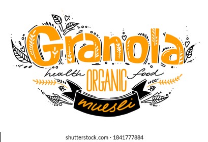 Granola Vektor-Logo-Vorlage mit handgeschriebener Kalligrafie-Schriftzeichen-Komposition und Band im Doodle-Stil. Müsli, Bio-Gesundheitslebensmittel-Konzept.