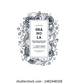 Granola vertical design template. Engraved style illustration. Various berries, fruits and nuts. Vector illustration