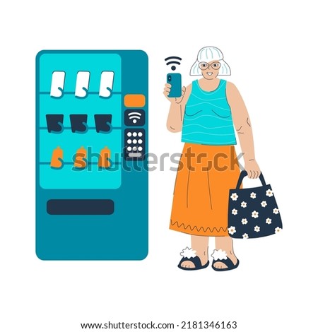 Granparents contactless payment using mobile phone. Senior grandma cardless smartphone application pay. Elderly generation woman new technologies. Oldies employs vending machine. Vector illustration.