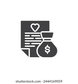 Grant form and money bag  vector icon. filled flat sign for mobile concept and web design. Charity Grant glyph icon. Charitable foundation symbol, logo illustration. Vector graphics