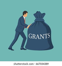 Grant Funding, Business Concept. Vector Illustration Flat Design. Isolated On Background. Businessman Carry Bag Of Money In Hand For Financial Support On Training, Treatment. Financing.