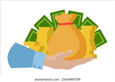 Grant. Money bag, hand with money. Vector simple color flat illustration.