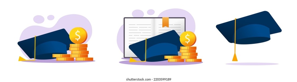 Grant or tuition education fee vector concept, college money budget tax cost, study credit or graduate savings with book and academic hat cap, investment to knowledge, scholarship finance expense