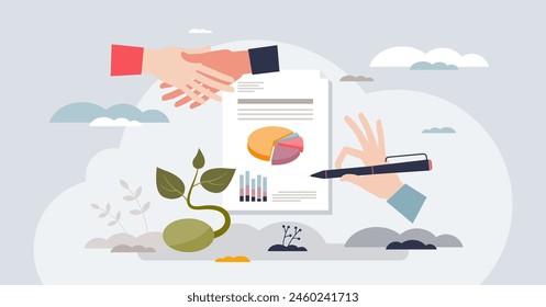 Grant writing as application for financial support tiny person hands concept. Money loan agreement for development financing vector illustration. Signing deal with government, corporation or trust.