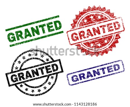 GRANTED seal prints with corroded texture. Black, green,red,blue vector rubber prints of GRANTED title with corroded texture. Rubber seals with round, rectangle, medal shapes.