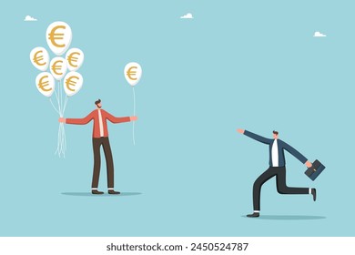 Granting loan or mortgage, business assistance for financial or economic stability, investing in innovation or start-ups, investing capital to start new business, businessman gives man euro balloon.