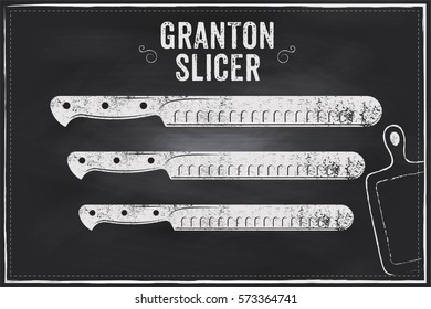 Granton slicer knife. Vector sketch chalk illustration design