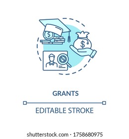 Grants concept icon. Higher education programs. Annual and monthly tuition fee. Academic degree getting idea thin line illustration. Vector isolated outline RGB color drawing. Editable stroke