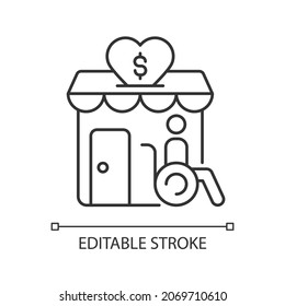 Grants for disabled linear icon. Financial support for disabled people. Money contribution. Thin line customizable illustration. Contour symbol. Vector isolated outline drawing. Editable stroke