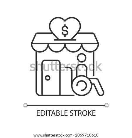 Grants for disabled linear icon. Financial support for disabled people. Money contribution. Thin line customizable illustration. Contour symbol. Vector isolated outline drawing. Editable stroke