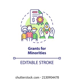 Grants for minorities concept icon. Small business supporting program abstract idea thin line illustration. Isolated outline drawing. Editable stroke. Arial, Myriad Pro-Bold fonts used