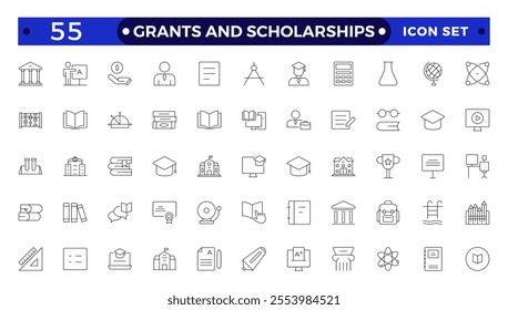 Grants and Scholarships outline icon set. Containing education, research, academic, degree, discipline, bachelor, post graduate icon. Scholarship financial aid, grant, fellowship, award, icon. 
