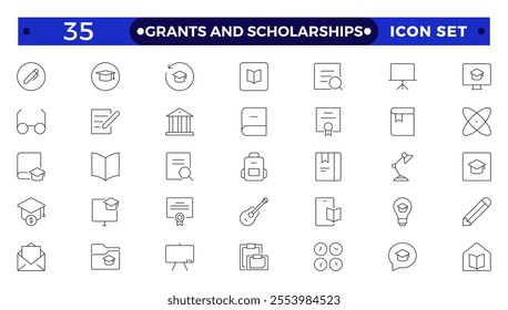 Grants and Scholarships outline icon set. Containing education, research, academic, degree, discipline, bachelor, post graduate icon. Scholarship financial aid, grant, fellowship, award, icon. 
