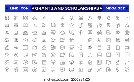 Grants and Scholarships outline icon set. Containing education, research, academic, degree, discipline, bachelor, post graduate icon. Scholarship financial aid, grant, fellowship, award, icon. 
