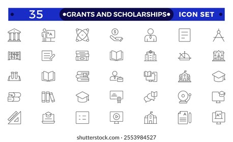 Grants and Scholarships outline icon set. Containing education, research, academic, degree, discipline, bachelor, post graduate icon. Scholarship financial aid, grant, fellowship, award, icon. 
