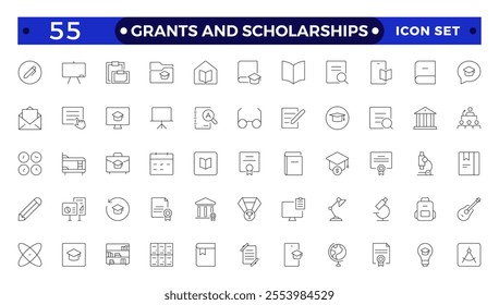 Grants and Scholarships outline icon set. Containing education, research, academic, degree, discipline, bachelor, post graduate icon. Scholarship financial aid, grant, fellowship, award, icon. 
