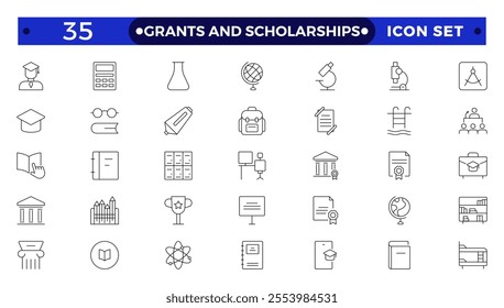 Grants and Scholarships outline icon set. Containing education, research, academic, degree, discipline, bachelor, post graduate icon. Scholarship financial aid, grant, fellowship, award, icon. 
