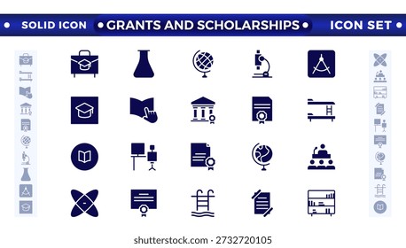 Conjuntos de ícones sólidos de Bolsas e Bolsas. Contendo educação, pesquisa, acadêmico, grau, disciplina, bacharel, ícone de pós-graduação. Bolsa de estudos, ajuda financeira, bolsa, prêmio, ícone. 