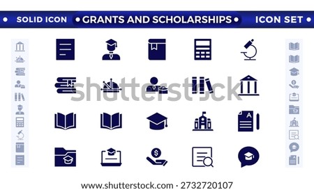 Grants and Scholarships solid icon set. Containing education, research, academic, degree, discipline, bachelor, post graduate icon. Scholarship, financial aid, grant, fellowship, award, icon. 