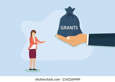 Grants Vector Concept. Hand Giving A Money Bag With Grants Word For Female College Student