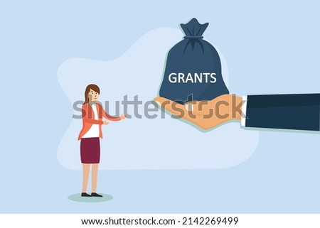 Grants vector concept. Hand giving a money bag with grants word for female college student
