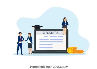 Grants vector concept. Two business people handshaking together while standing with grants document on the laptop near pile of money