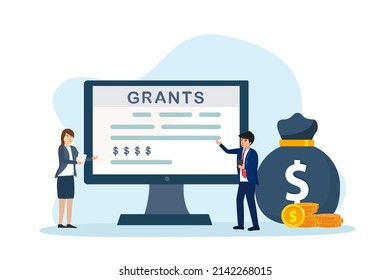 Grants vector concept. Two business people discussing about grants while standing with money bag