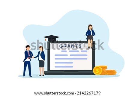 Grants vector concept. Two business people handshaking together while standing with grants document on the laptop near pile of money