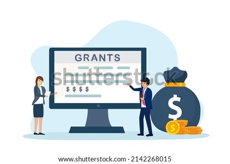 Grants vector concept. Two business people discussing about grants while standing with money bag