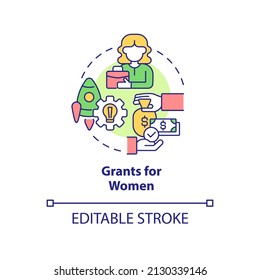 Grants for women concept icon. Gender politics. Small business development abstract idea thin line illustration. Isolated outline drawing. Editable stroke. Arial, Myriad Pro-Bold fonts used