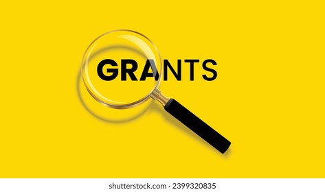 Grants word with magnifying glass poster concept design, isolated on yellow background.