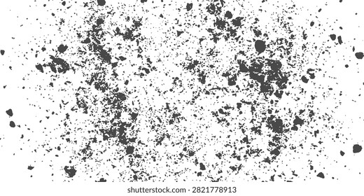 Granular dark dust elements dispersed across a clean white surface creating a chaotic yet controlled abstract pattern. Ideal for overlay effects or texture backgrounds.