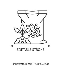 Granular fertilizer linear icon. Plants growth increasing. Grass and crops nourishment. Thin line customizable illustration. Contour symbol. Vector isolated outline drawing. Editable stroke