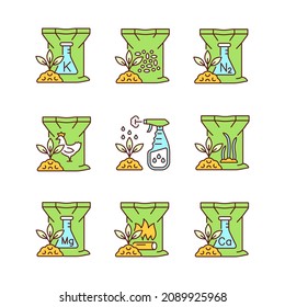 Granular fertilizers RGB color icons set. Dry supplements for soil. Plants growth and thrive increasing. Isolated vector illustrations. Simple filled line drawings collection. Editable stroke