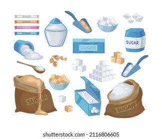 Granulated and cube sugar cartoon illustration set. Bag, block, pack and stick of brown and white sugar. Sugar in spoon and bowl isolated on white background. Sweet food, sucrose concept