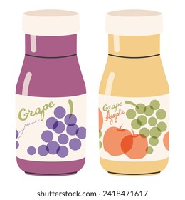 Grape and apple juice bottles. Vector hand drawn cartoon fruit drink bottles illustration on a white background. Helpful organic fruity water. Glass bottles of summer refreshment.